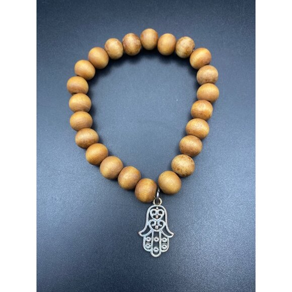 Lot of 3 Spiritual Beaded Bracelets Blue Jadeite Cats Eye Glass Wood Hamsa - Picture 2 of 8